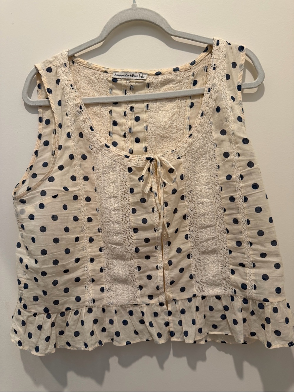 Abercrombie & Fitch Cream Tank with Navy Polka Dots and Lace Trim